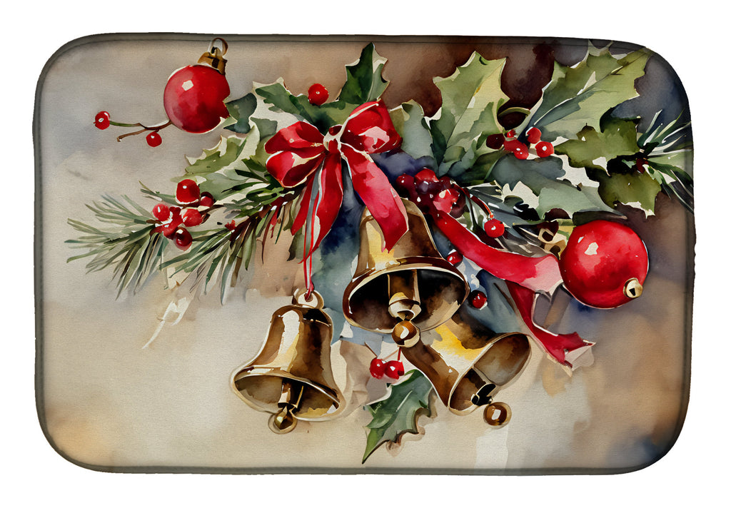 Christmas Bells with Holly and Ribbon Watercolor Dish Drying Mat Absorbent Dish Drying Mat Pad for Kitchen Counter Dish Drainer Mat for Countertop, 14 x 21", Multicolor