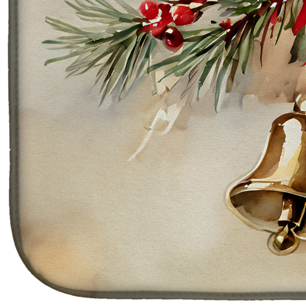 Christmas Bells with Holly and Ribbon Watercolor Dish Drying Mat Absorbent Dish Drying Mat Pad for Kitchen Counter Dish Drainer Mat for Countertop, 14 x 21", Multicolor