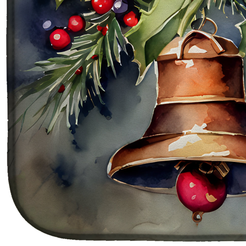 Holiday Bells with Pine and Berries Watercolor Dish Drying Mat Absorbent Dish Drying Mat Pad for Kitchen Counter Dish Drainer Mat for Countertop, 14 x 21", Multicolor