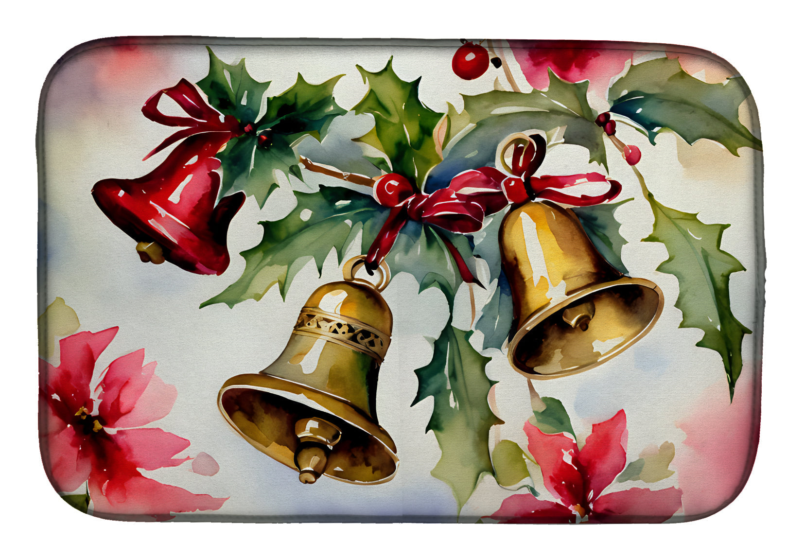 Christmas Bells with Holly Festive Watercolor Dish Drying Mat Absorbent Dish Drying Mat Pad for Kitchen Counter Dish Drainer Mat for Countertop, 14 x 21", Multicolor