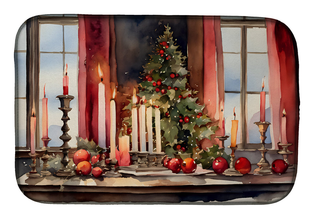 Christmas Window Candlelight Tree Scene Watercolor Dish Drying Mat Absorbent Dish Drying Mat Pad for Kitchen Counter Dish Drainer Mat for Countertop, 14 x 21", Multicolor