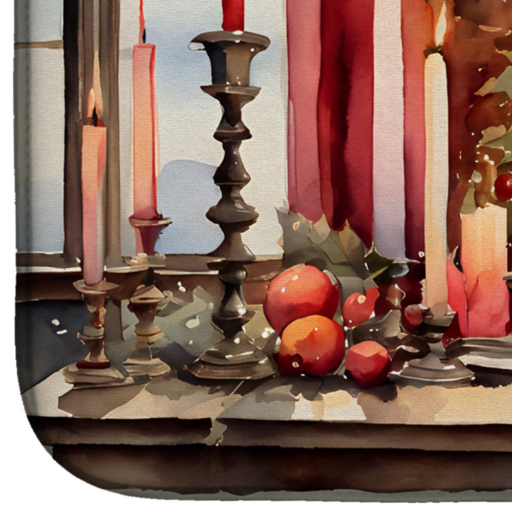 Christmas Window Candlelight Tree Scene Watercolor Dish Drying Mat Absorbent Dish Drying Mat Pad for Kitchen Counter Dish Drainer Mat for Countertop, 14 x 21", Multicolor