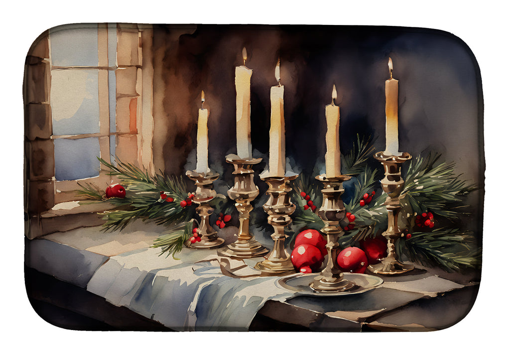 Christmas Candles with Pine and Berries Watercolor Dish Drying Mat Absorbent Dish Drying Mat Pad for Kitchen Counter Dish Drainer Mat for Countertop, 14 x 21", Multicolor