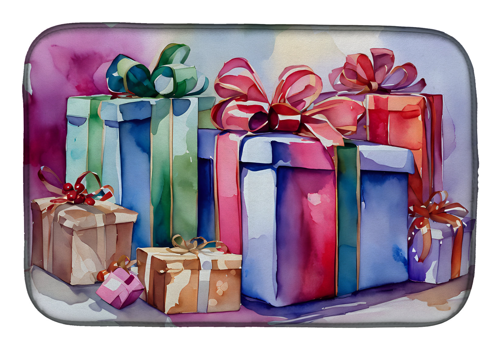 Colorful Christmas Gift Boxes Watercolor Dish Drying Mat Absorbent Dish Drying Mat Pad for Kitchen Counter Dish Drainer Mat for Countertop, 14 x 21", Multicolor