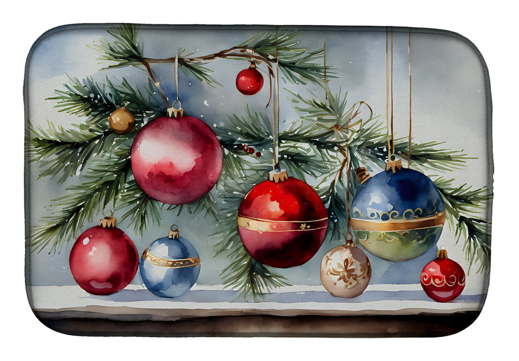 Christmas Ornaments on Pine Branch Dish Drying Mat Absorbent Dish Drying Mat Pad for Kitchen Counter Dish Drainer Mat for Countertop, 14 x 21", Multicolor