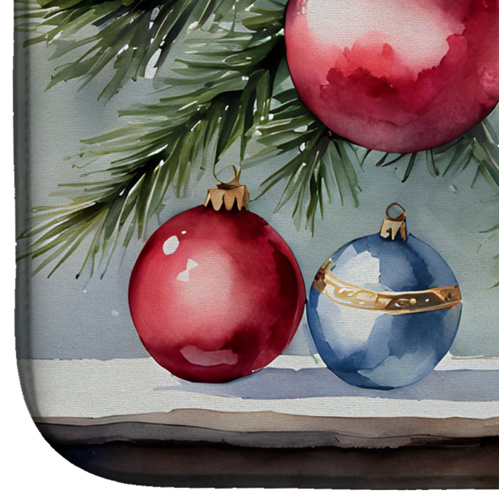 Christmas Ornaments on Pine Branch Dish Drying Mat Absorbent Dish Drying Mat Pad for Kitchen Counter Dish Drainer Mat for Countertop, 14 x 21", Multicolor