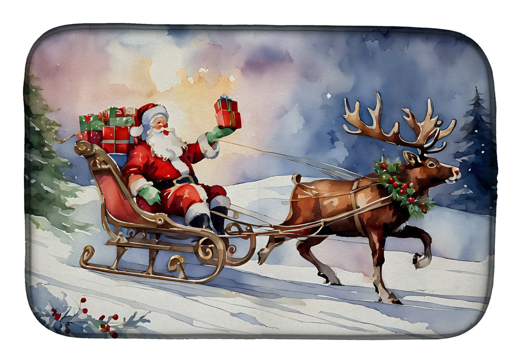 Santa Sleigh with Reindeer Christmas Watercolor Dish Drying Mat Absorbent Dish Drying Mat Pad for Kitchen Counter Dish Drainer Mat for Countertop, 14 x 21", Multicolor