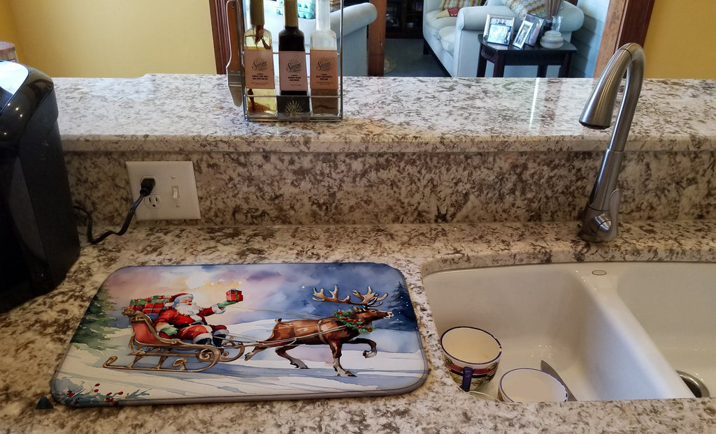 Santa Sleigh with Reindeer Christmas Watercolor Dish Drying Mat Absorbent Dish Drying Mat Pad for Kitchen Counter Dish Drainer Mat for Countertop, 14 x 21", Multicolor