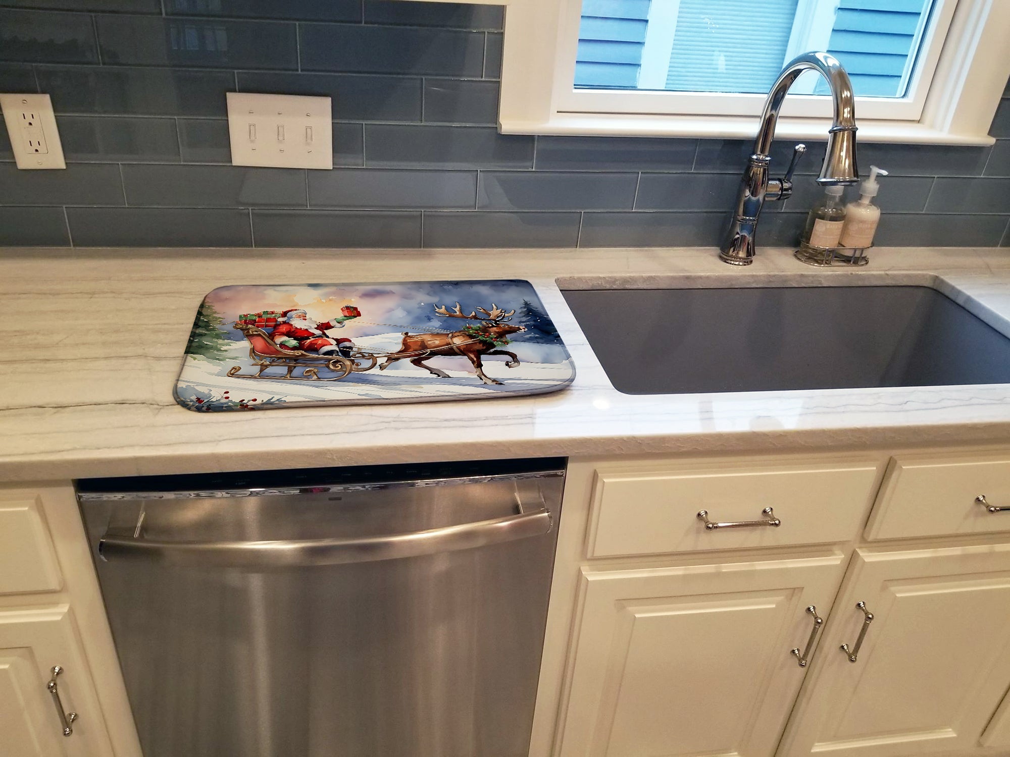 Santa Sleigh with Reindeer Christmas Watercolor Dish Drying Mat Absorbent Dish Drying Mat Pad for Kitchen Counter Dish Drainer Mat for Countertop, 14 x 21", Multicolor