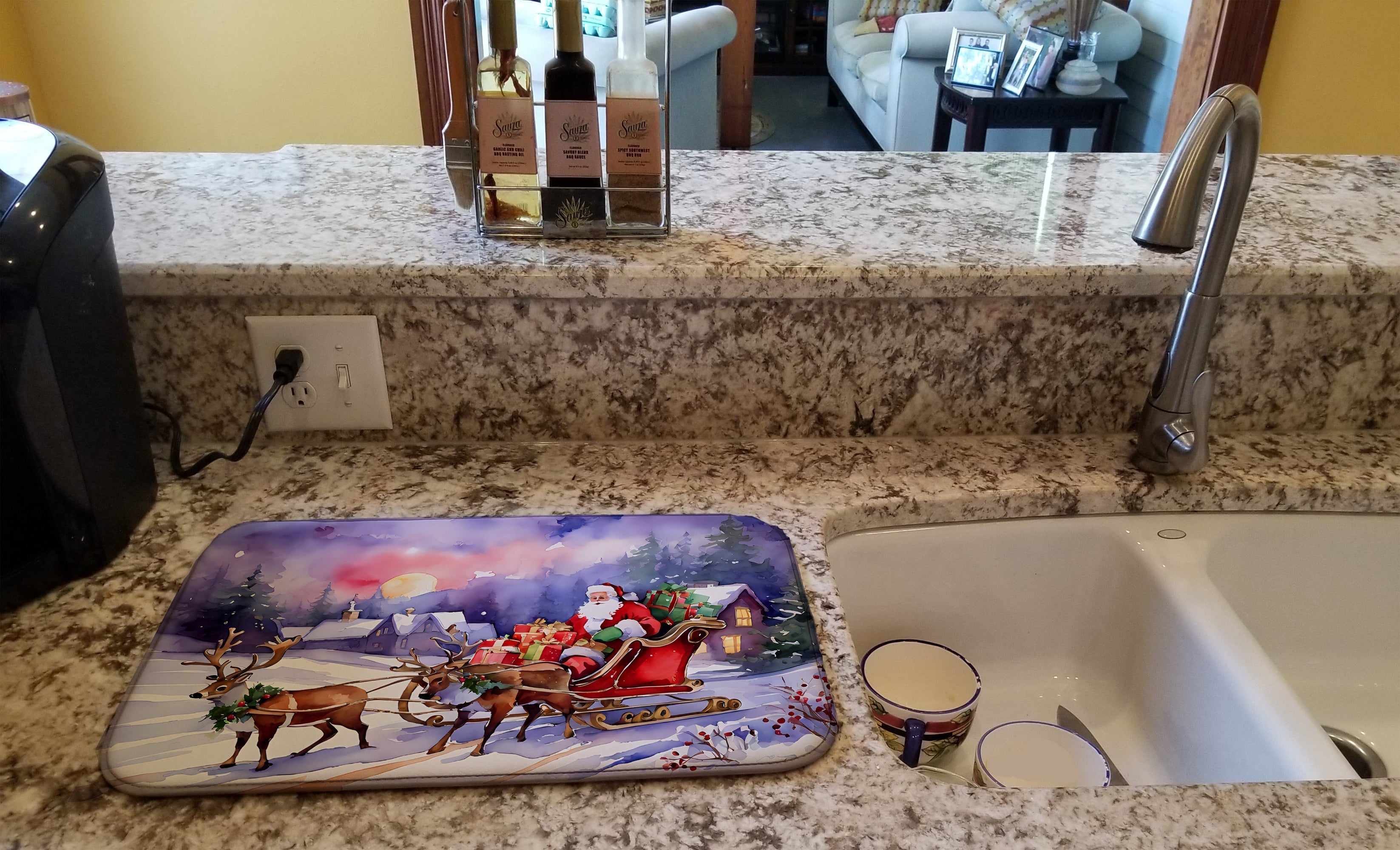 Santa Sleigh Village Night Christmas Watercolor Dish Drying Mat Absorbent Dish Drying Mat Pad for Kitchen Counter Dish Drainer Mat for Countertop, 14 x 21", Multicolor