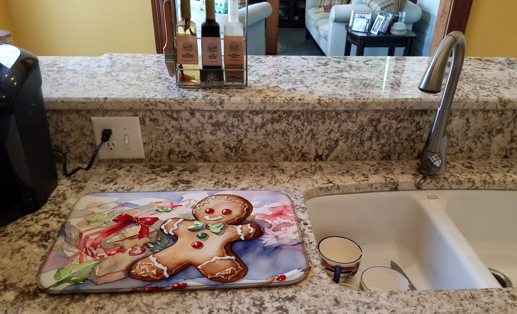 Gingerbread Cookie with Gift Christmas Watercolor Dish Drying Mat Absorbent Dish Drying Mat Pad for Kitchen Counter Dish Drainer Mat for Countertop, 14 x 21", Multicolor