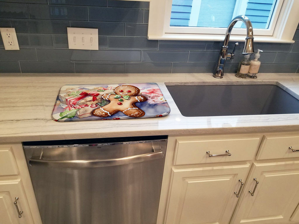 Gingerbread Cookie with Gift Christmas Watercolor Dish Drying Mat Absorbent Dish Drying Mat Pad for Kitchen Counter Dish Drainer Mat for Countertop, 14 x 21", Multicolor