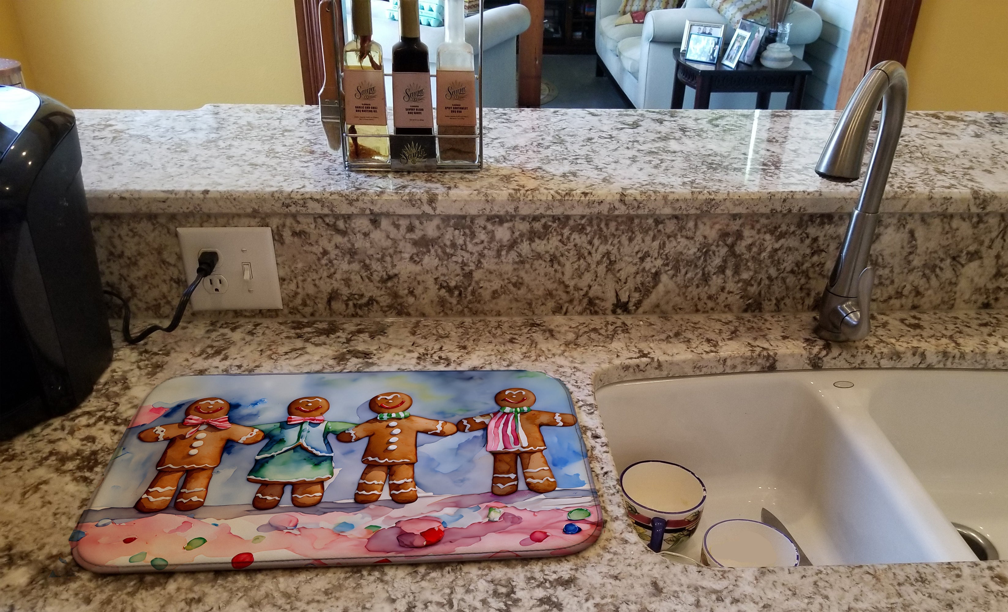 Gingerbread Family Christmas Cookies Dish Drying Mat Absorbent Dish Drying Mat Pad for Kitchen Counter Dish Drainer Mat for Countertop, 14 x 21", Multicolor