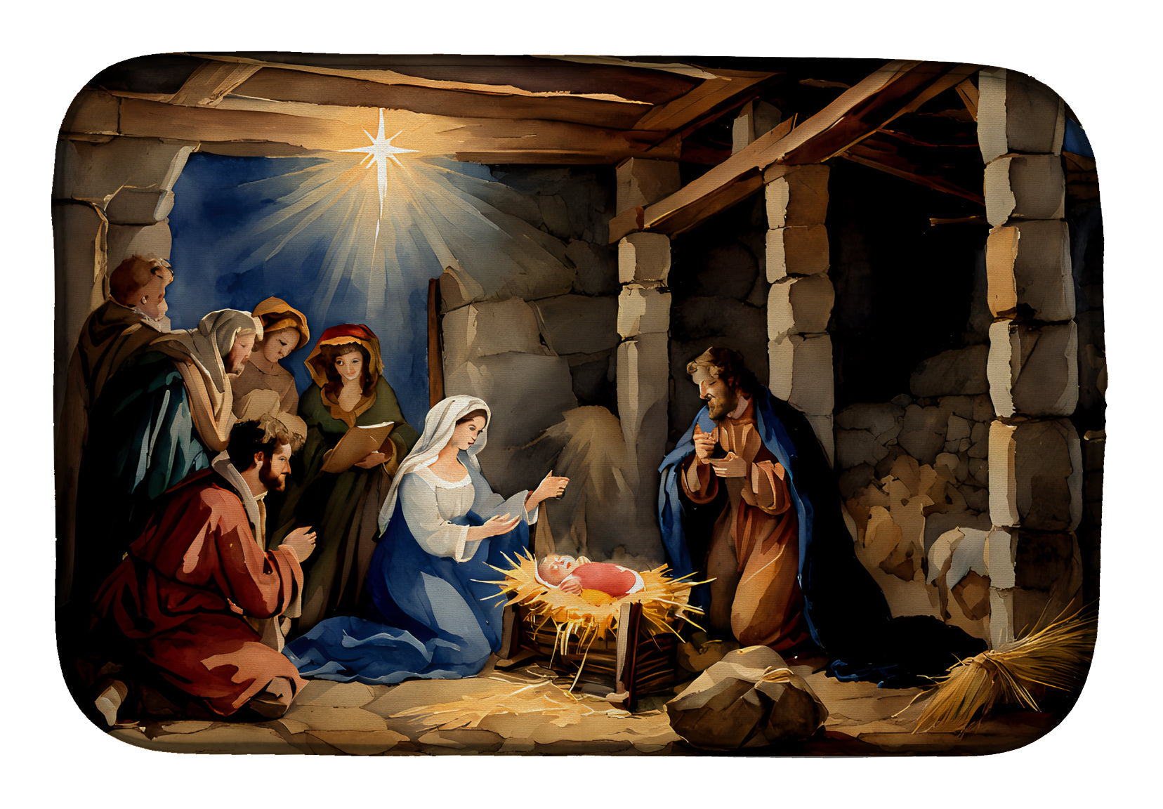 Nativity Scene Christmas Birth of Jesus Watercolor Dish Drying Mat Absorbent Dish Drying Mat Pad for Kitchen Counter Dish Drainer Mat for Countertop, 14 x 21", Multicolor