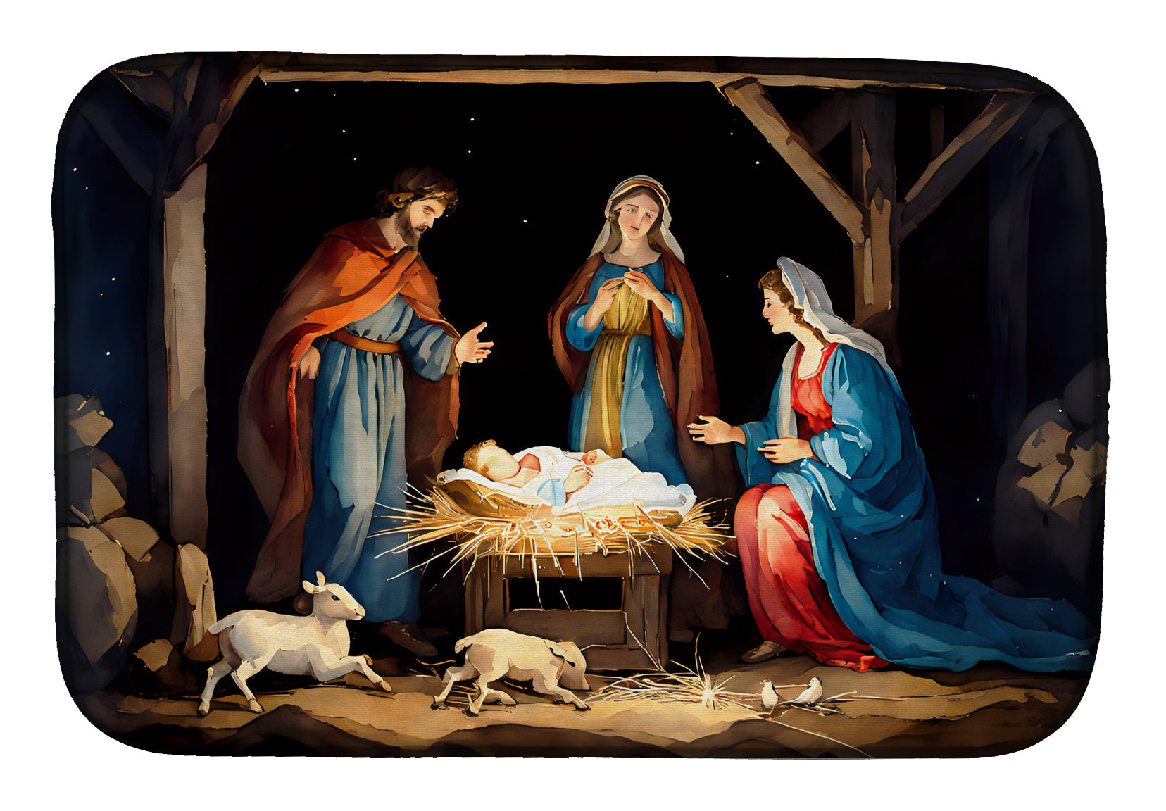 Christmas Nativity Stable Scene Baby Jesus Watercolor Dish Drying Mat Absorbent Dish Drying Mat Pad for Kitchen Counter Dish Drainer Mat for Countertop, 14 x 21", Multicolor