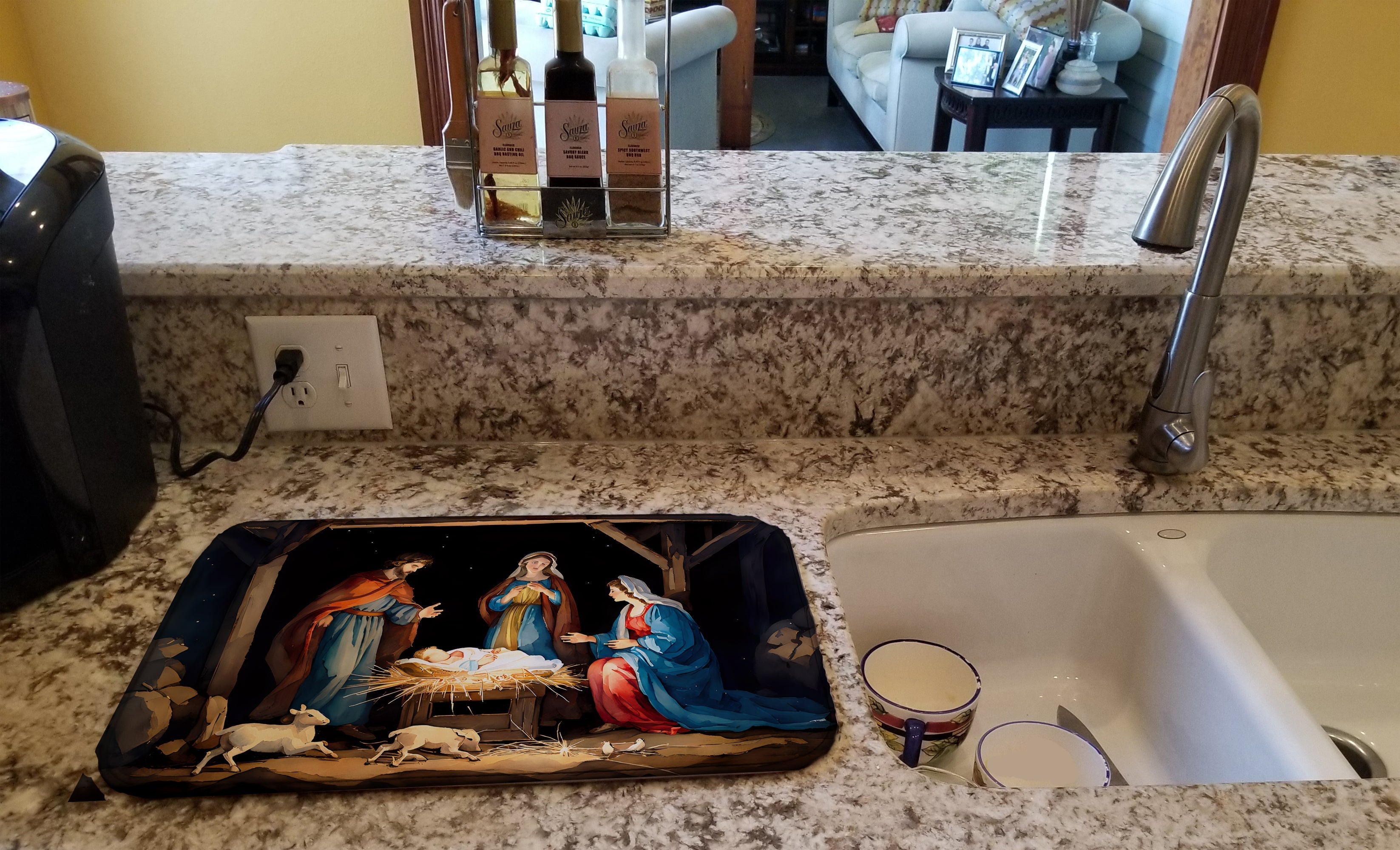 Christmas Nativity Stable Scene Baby Jesus Watercolor Dish Drying Mat Absorbent Dish Drying Mat Pad for Kitchen Counter Dish Drainer Mat for Countertop, 14 x 21", Multicolor