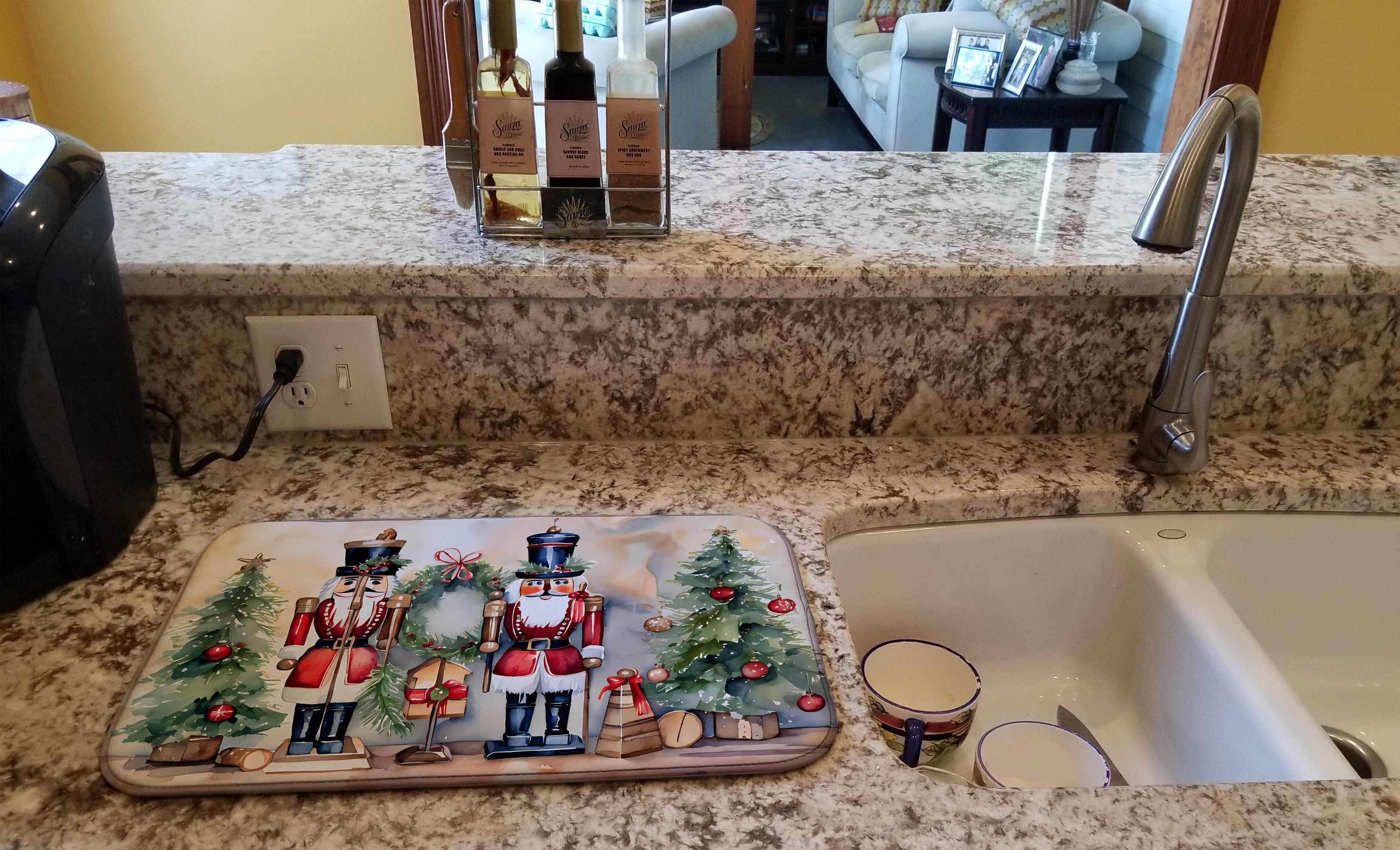 Nutcracker Soldiers with Christmas Tree Watercolor Dish Drying Mat Absorbent Dish Drying Mat Pad for Kitchen Counter Dish Drainer Mat for Countertop, 14 x 21", Multicolor