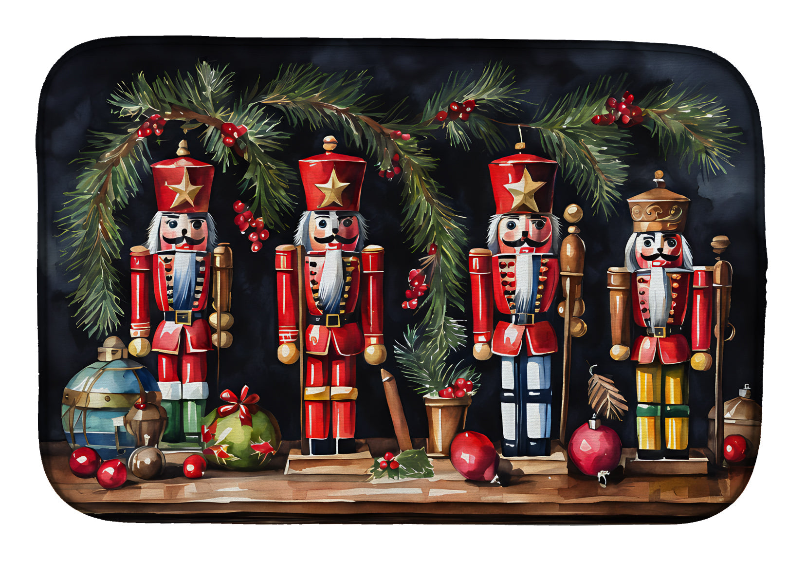 Nutcracker Soldiers with Wreath Christmas Watercolor Dish Drying Mat Absorbent Dish Drying Mat Pad for Kitchen Counter Dish Drainer Mat for Countertop, 14 x 21", Multicolor