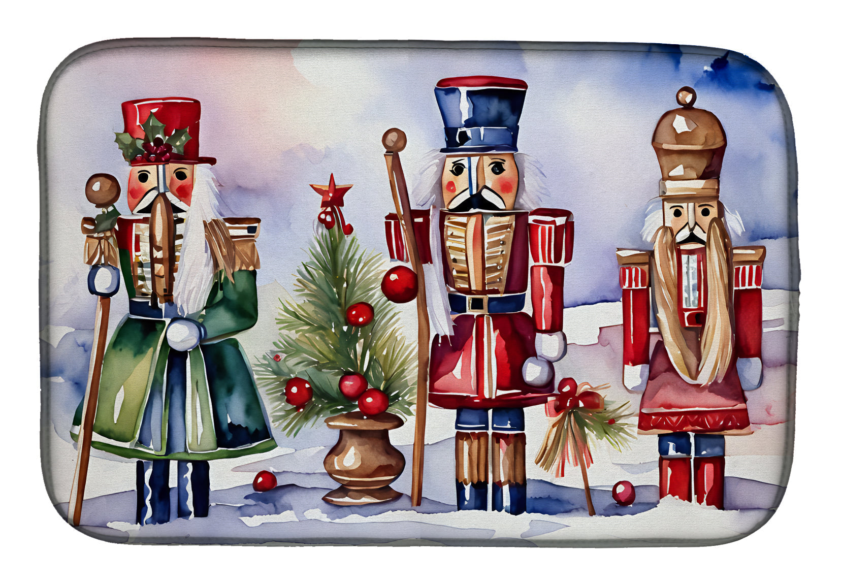 Nutcracker Soldiers Holiday Arrangement Watercolor Dish Drying Mat Absorbent Dish Drying Mat Pad for Kitchen Counter Dish Drainer Mat for Countertop, 14 x 21", Multicolor