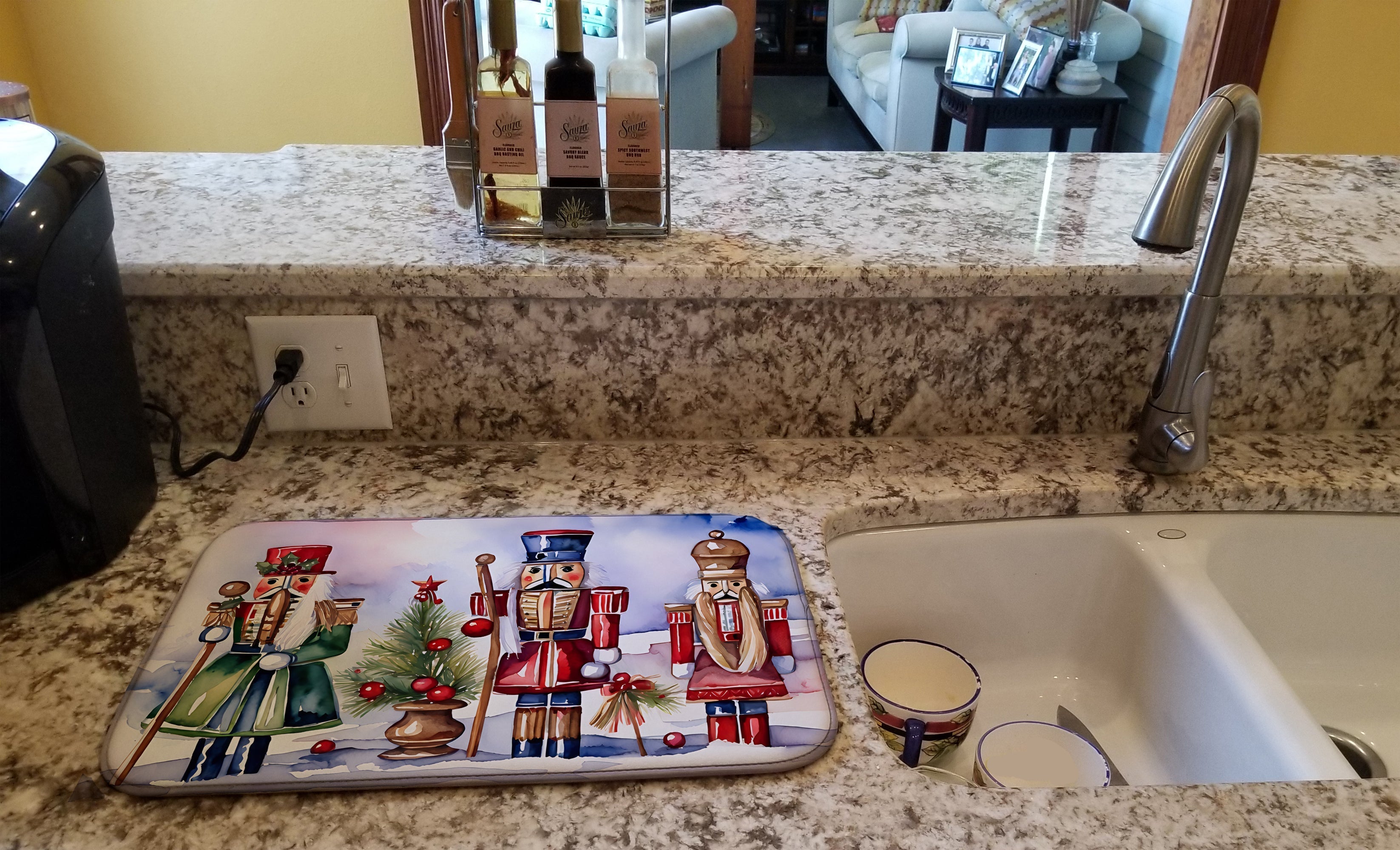 Nutcracker Soldiers Holiday Arrangement Watercolor Dish Drying Mat Absorbent Dish Drying Mat Pad for Kitchen Counter Dish Drainer Mat for Countertop, 14 x 21", Multicolor