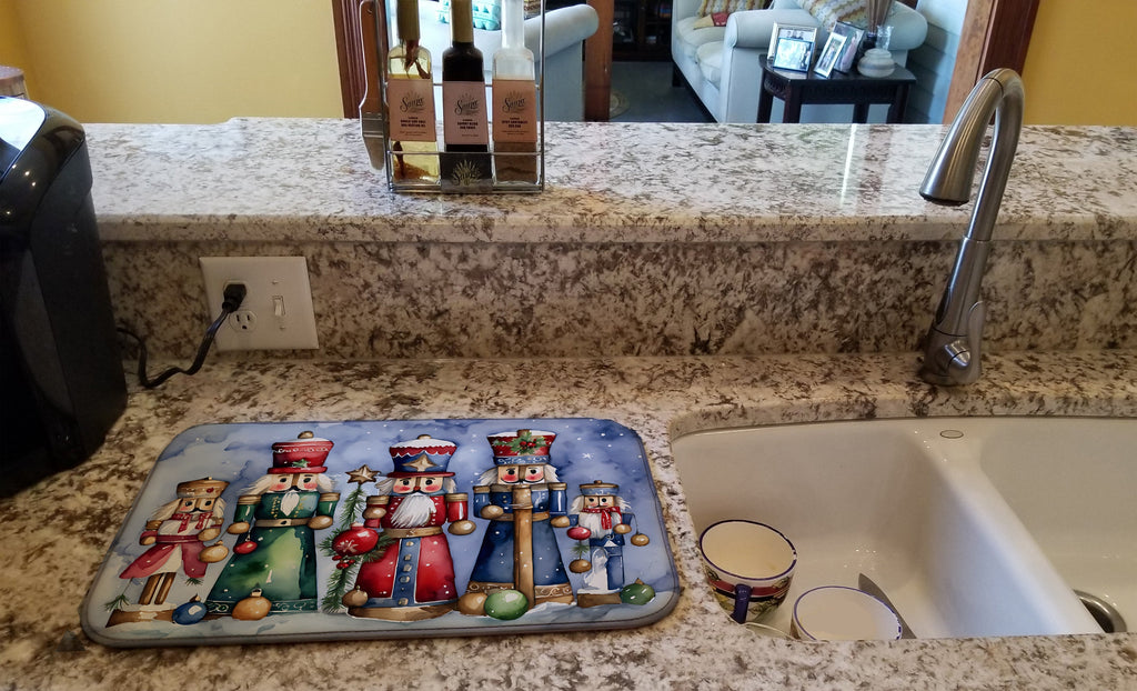 Nutcracker Soldiers Festive Display Watercolor Dish Drying Mat Absorbent Dish Drying Mat Pad for Kitchen Counter Dish Drainer Mat for Countertop, 14 x 21", Multicolor