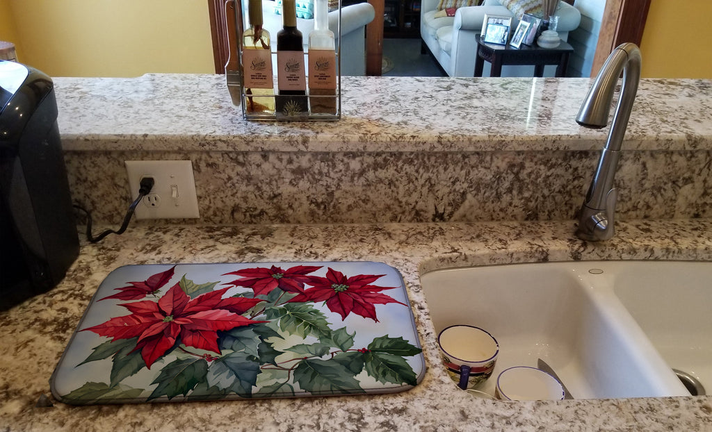 Poinsettia Christmas Flower Watercolor Dish Drying Mat Absorbent Dish Drying Mat Pad for Kitchen Counter Dish Drainer Mat for Countertop, 14 x 21", Multicolor