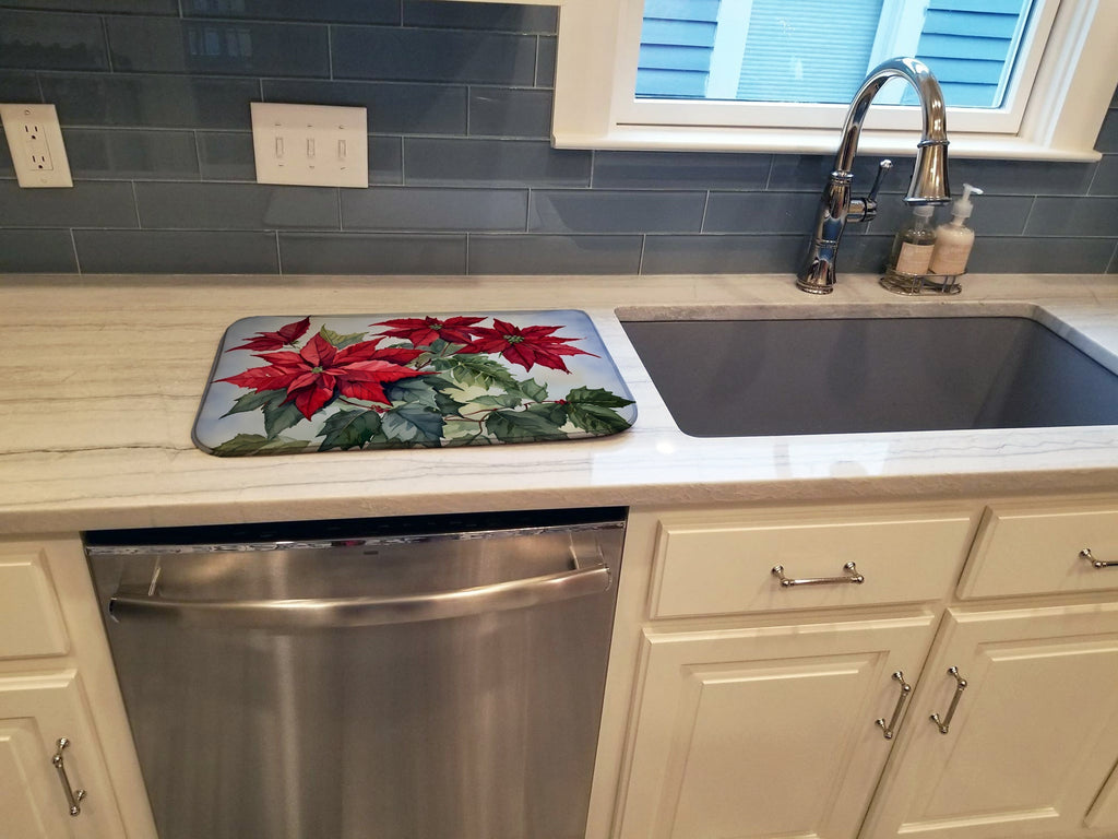 Poinsettia Christmas Flower Watercolor Dish Drying Mat Absorbent Dish Drying Mat Pad for Kitchen Counter Dish Drainer Mat for Countertop, 14 x 21", Multicolor