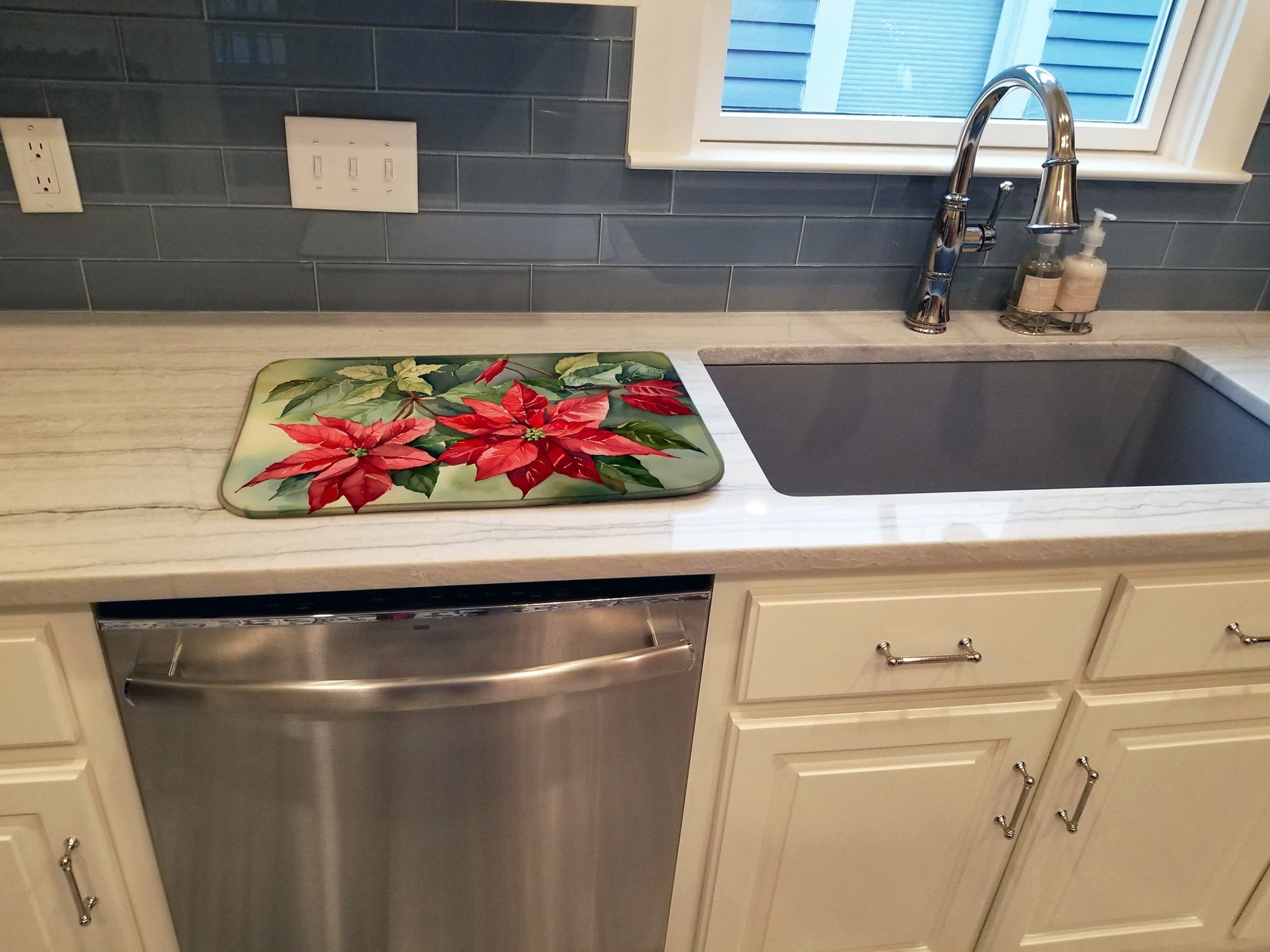 Poinsettia Plant Botanical Christmas Watercolor Dish Drying Mat Absorbent Dish Drying Mat Pad for Kitchen Counter Dish Drainer Mat for Countertop, 14 x 21", Multicolor