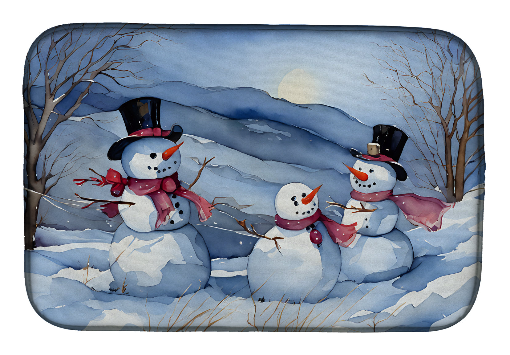 Christmas Snowman Family Winter Landscape Watercolor Dish Drying Mat Absorbent Dish Drying Mat Pad for Kitchen Counter Dish Drainer Mat for Countertop, 14 x 21", Multicolor
