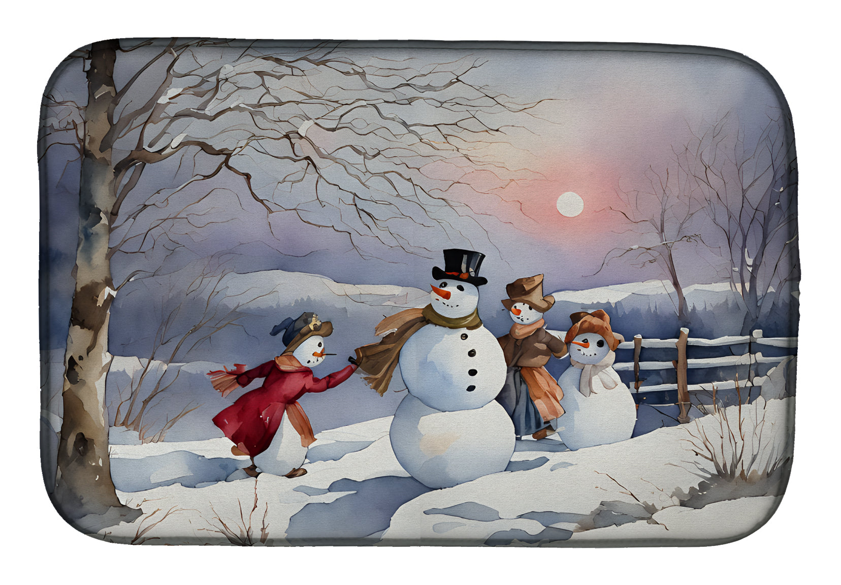 Christmas Snowman Family Playing Winter Scene Watercolor Dish Drying Mat Absorbent Dish Drying Mat Pad for Kitchen Counter Dish Drainer Mat for Countertop, 14 x 21", Multicolor