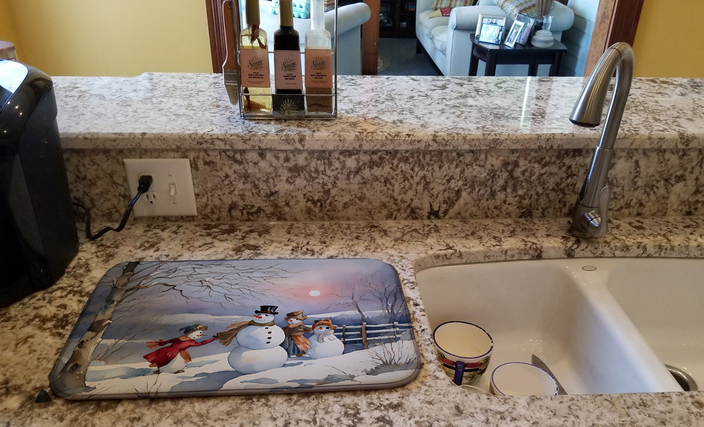 Christmas Snowman Family Playing Winter Scene Watercolor Dish Drying Mat Absorbent Dish Drying Mat Pad for Kitchen Counter Dish Drainer Mat for Countertop, 14 x 21", Multicolor