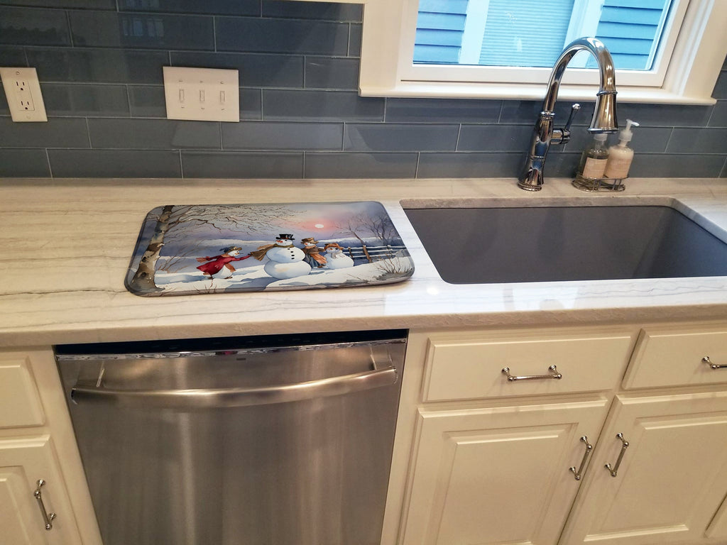 Christmas Snowman Family Playing Winter Scene Watercolor Dish Drying Mat Absorbent Dish Drying Mat Pad for Kitchen Counter Dish Drainer Mat for Countertop, 14 x 21", Multicolor