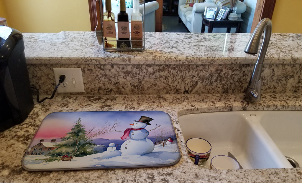 Snowman Winter Landscape Christmas Watercolor Dish Drying Mat Absorbent Dish Drying Mat Pad for Kitchen Counter Dish Drainer Mat for Countertop, 14 x 21", Multicolor