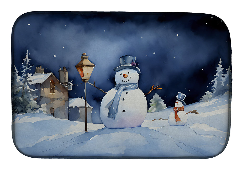 Snowman Night Scene Winter Village Watercolor Dish Drying Mat Absorbent Dish Drying Mat Pad for Kitchen Counter Dish Drainer Mat for Countertop, 14 x 21", Multicolor
