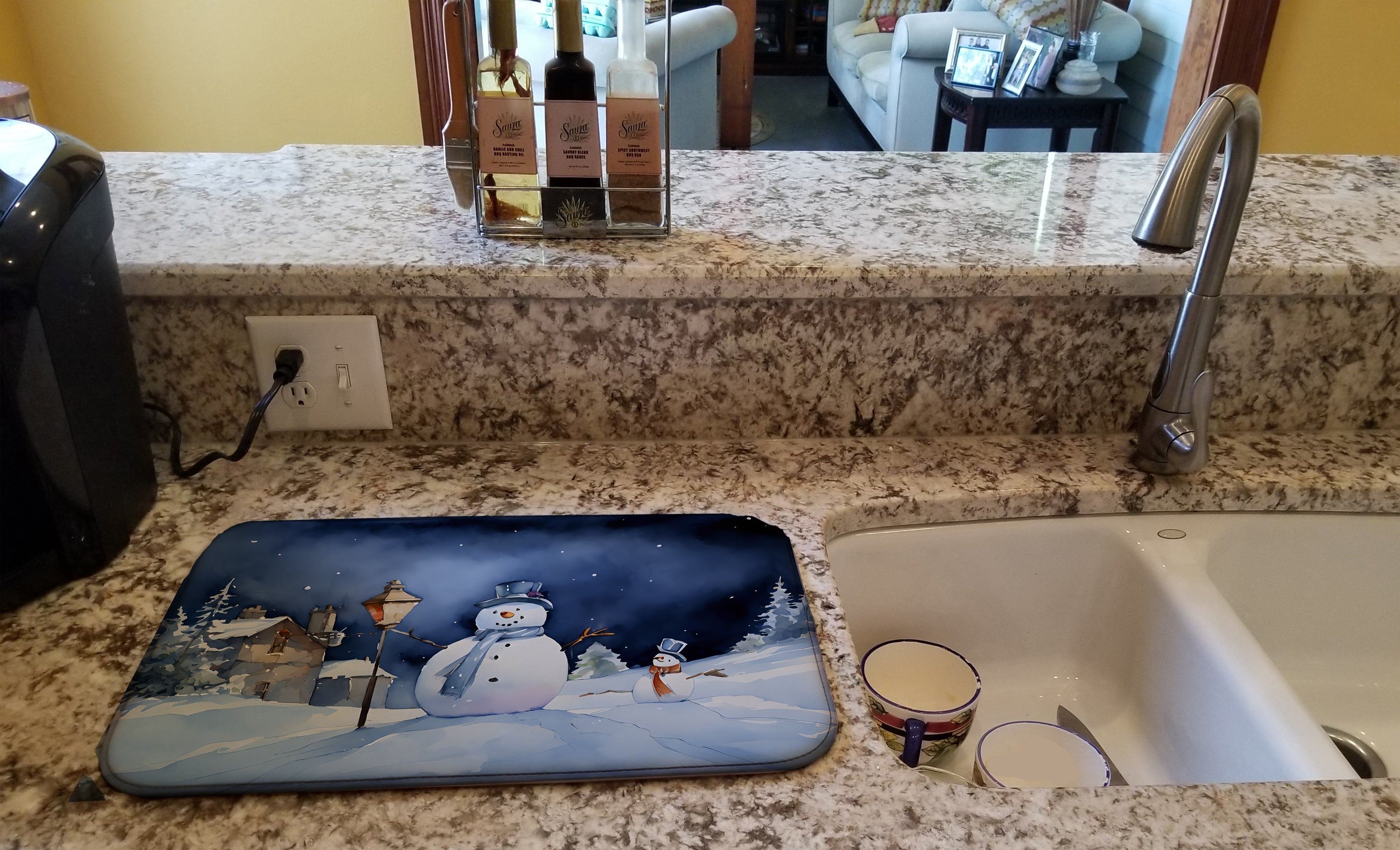 Snowman Night Scene Winter Village Watercolor Dish Drying Mat Absorbent Dish Drying Mat Pad for Kitchen Counter Dish Drainer Mat for Countertop, 14 x 21", Multicolor
