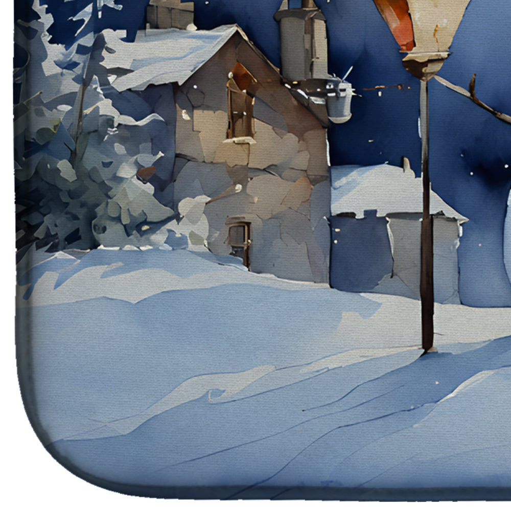 Snowman Night Scene Winter Village Watercolor Dish Drying Mat Absorbent Dish Drying Mat Pad for Kitchen Counter Dish Drainer Mat for Countertop, 14 x 21", Multicolor