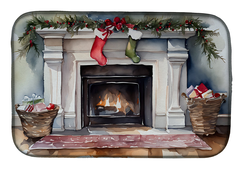 Christmas Fireplace Mantel Holiday Watercolor Dish Drying Mat Absorbent Dish Drying Mat Pad for Kitchen Counter Dish Drainer Mat for Countertop, 14 x 21", Multicolor