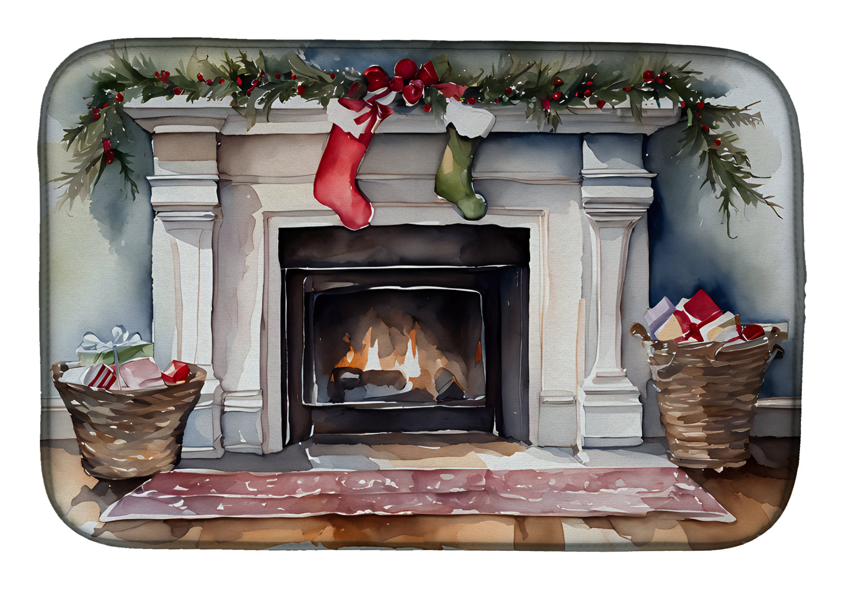 Christmas Fireplace Mantel Holiday Watercolor Dish Drying Mat Absorbent Dish Drying Mat Pad for Kitchen Counter Dish Drainer Mat for Countertop, 14 x 21", Multicolor