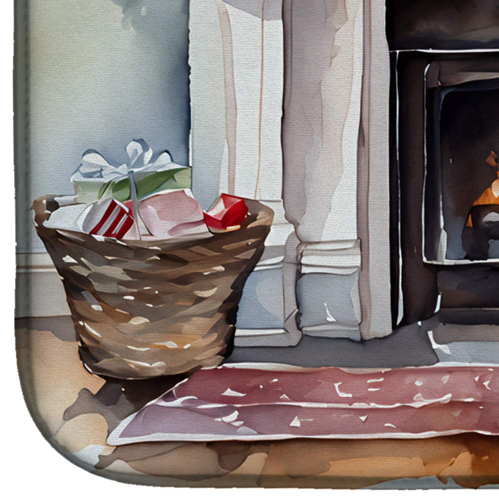Christmas Fireplace Mantel Holiday Watercolor Dish Drying Mat Absorbent Dish Drying Mat Pad for Kitchen Counter Dish Drainer Mat for Countertop, 14 x 21", Multicolor