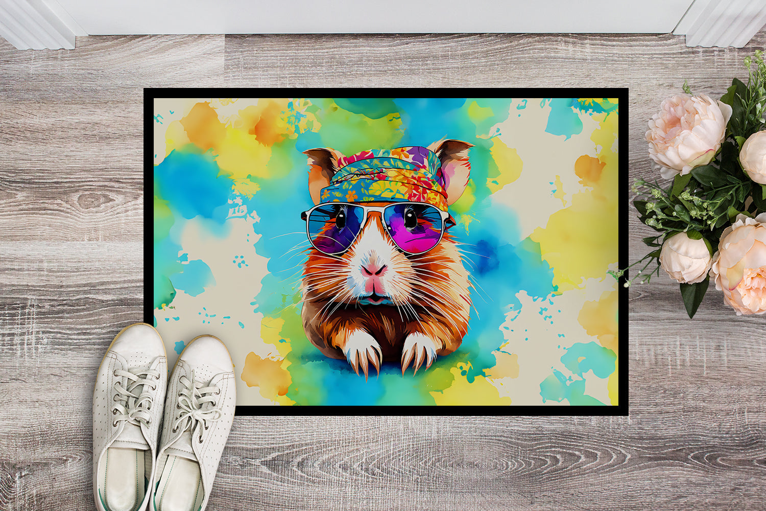 Hippie Animal Guinea Pig Doormat Indoor Outdoor 18H X 27W Front Door Mat Rugs for Entryway, Non Slip Washable