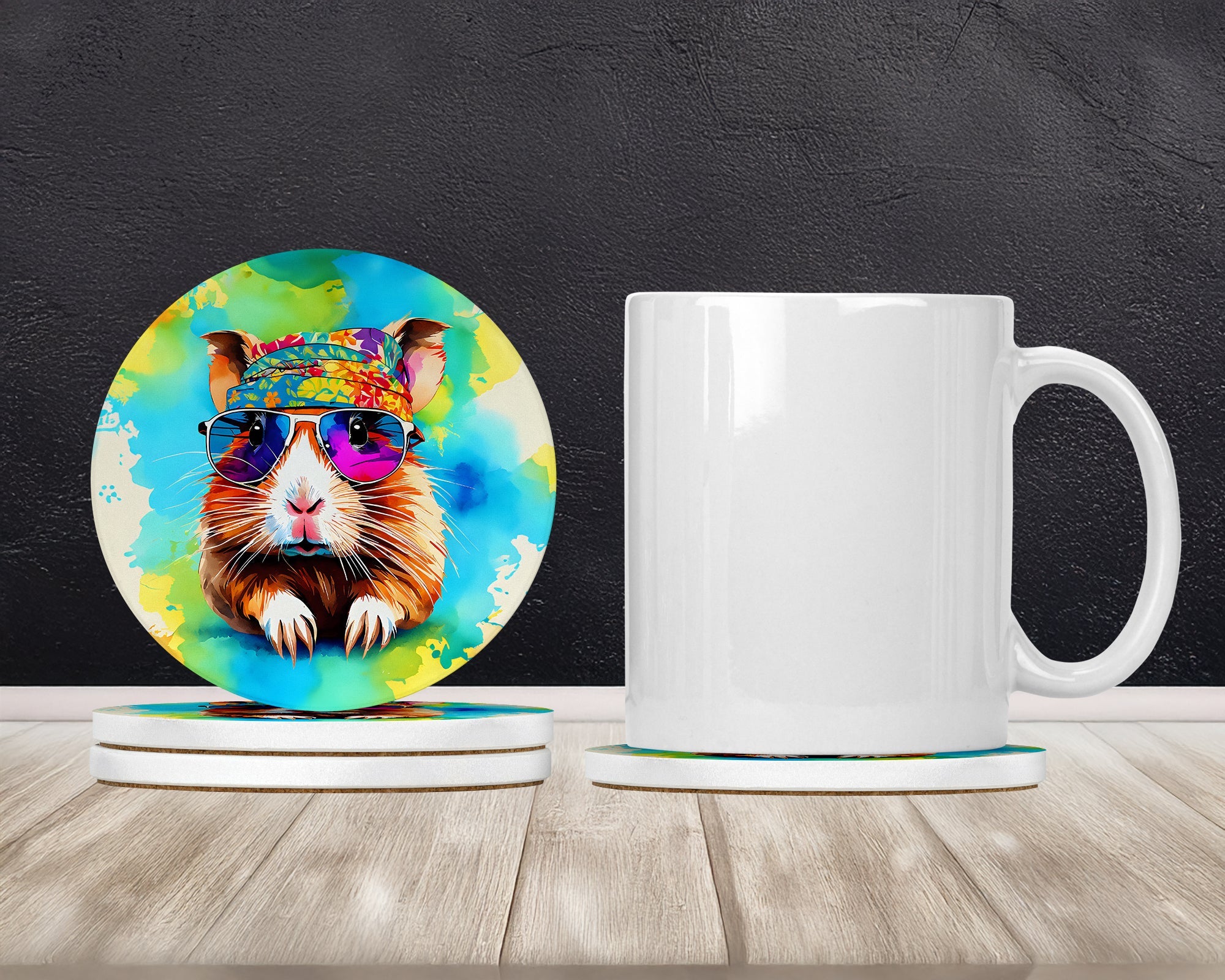 Hippie Animal Guinea Pig Large Sandstone Coasters Pack of 4 Absorbent Round Coasters Decor Gifts for Men or Women, 4 in, Multicolor
