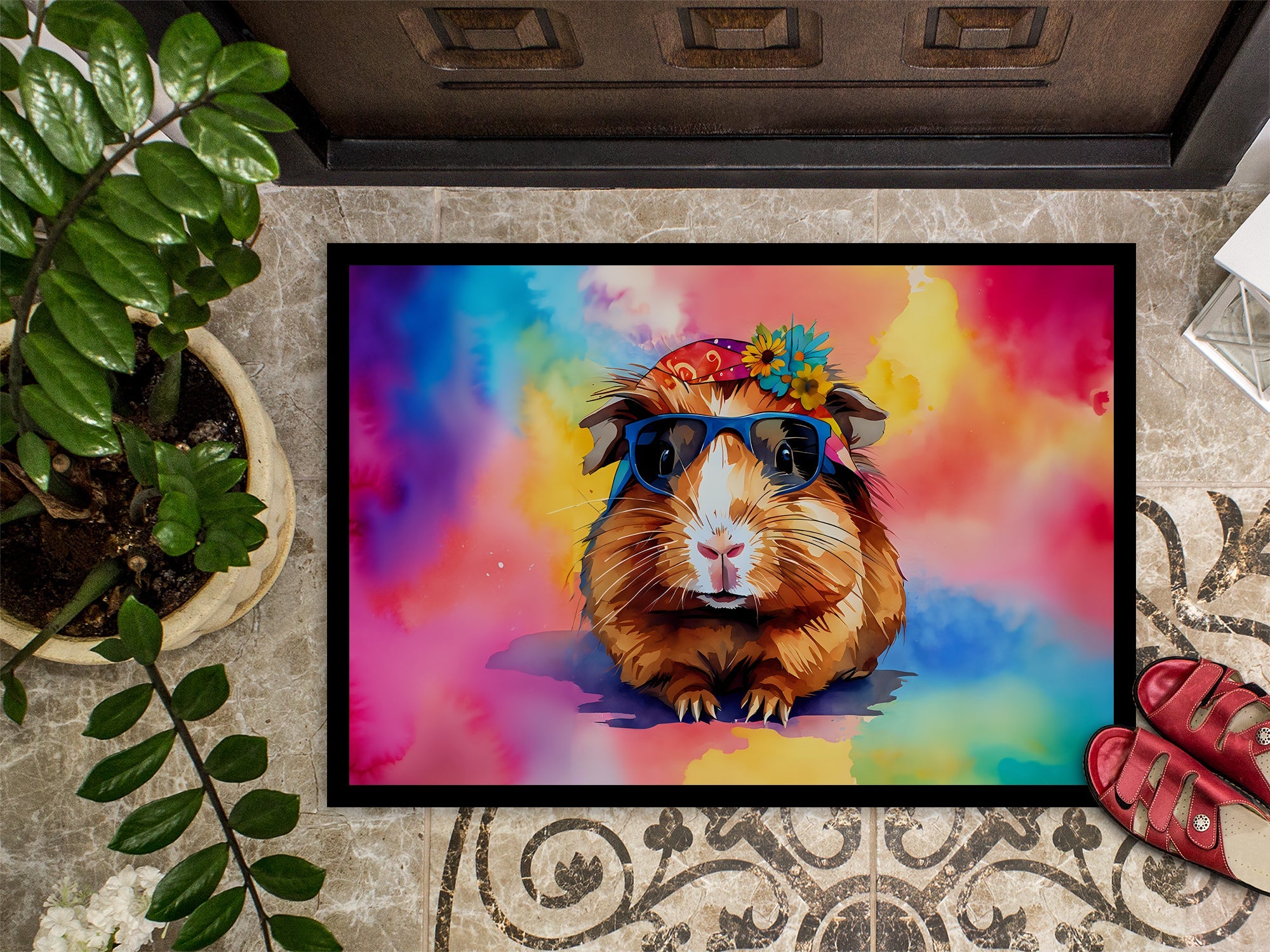 Hippie Animal Guinea Pig Doormat Indoor Outdoor 18H X 27W Front Door Mat Rugs for Entryway, Non Slip Washable