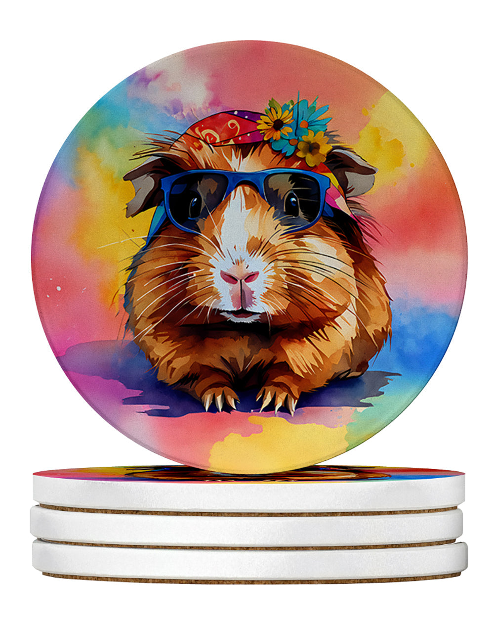 Hippie Animal Guinea Pig Large Sandstone Coasters Pack of 4 Absorbent Round Coasters Decor Gifts for Men or Women, 4 in, Multicolor