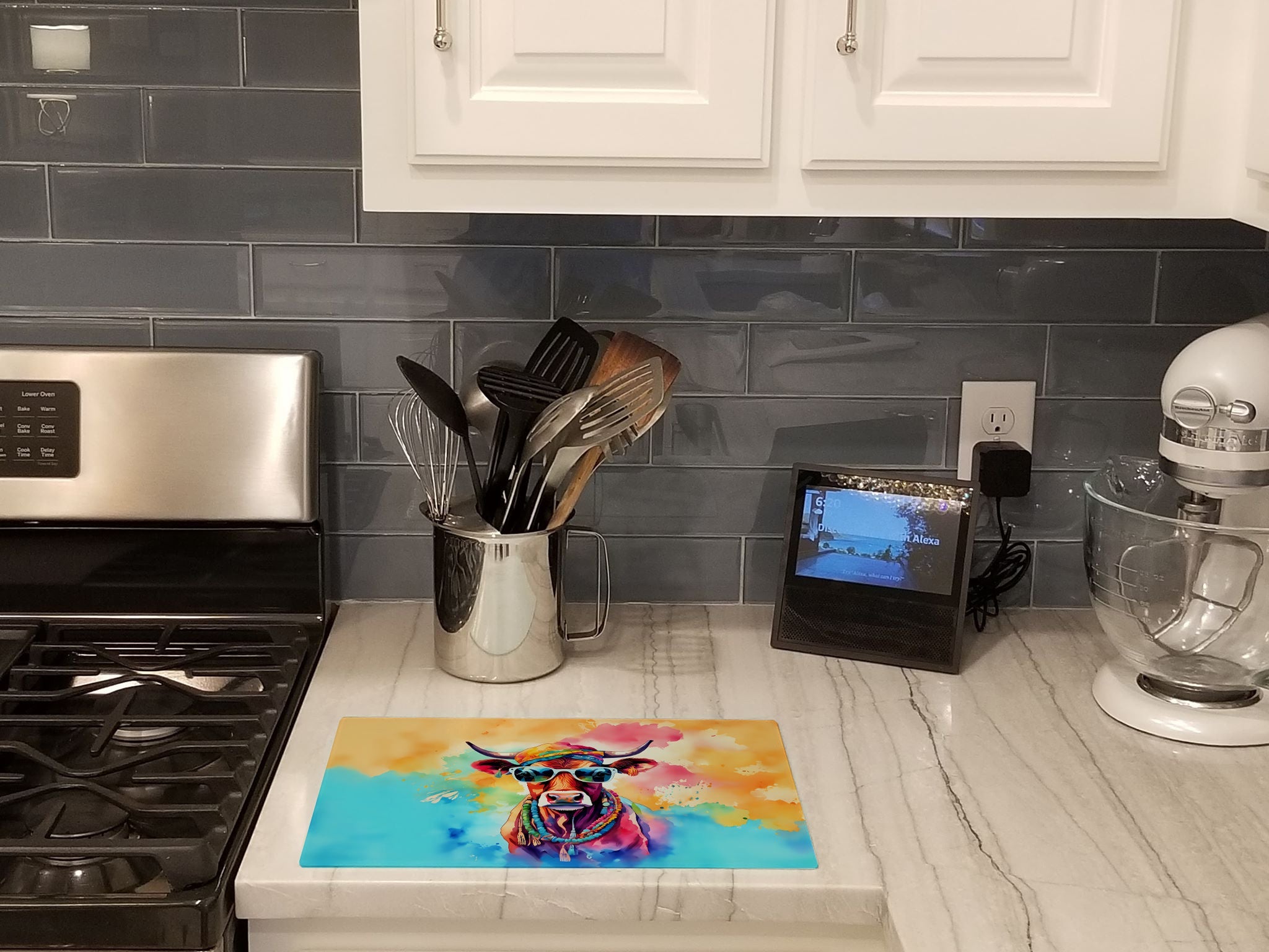 Hippie Animal Cow Cutting Board Tempered Glass Kitchen Cutting Surface, Heat Resistant Chopping, Non-Slip Feet, Food Prep & Serving