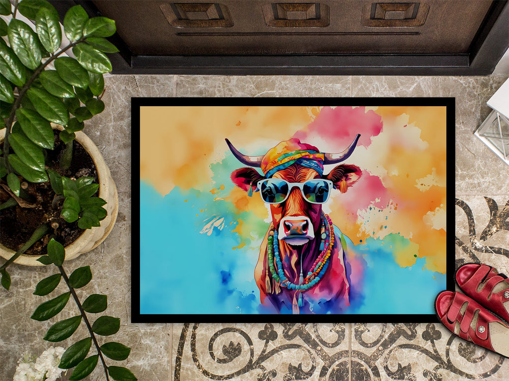 Hippie Animal Cow Doormat Indoor Outdoor 18H X 27W Front Door Mat Rugs for Entryway, Non Slip Washable