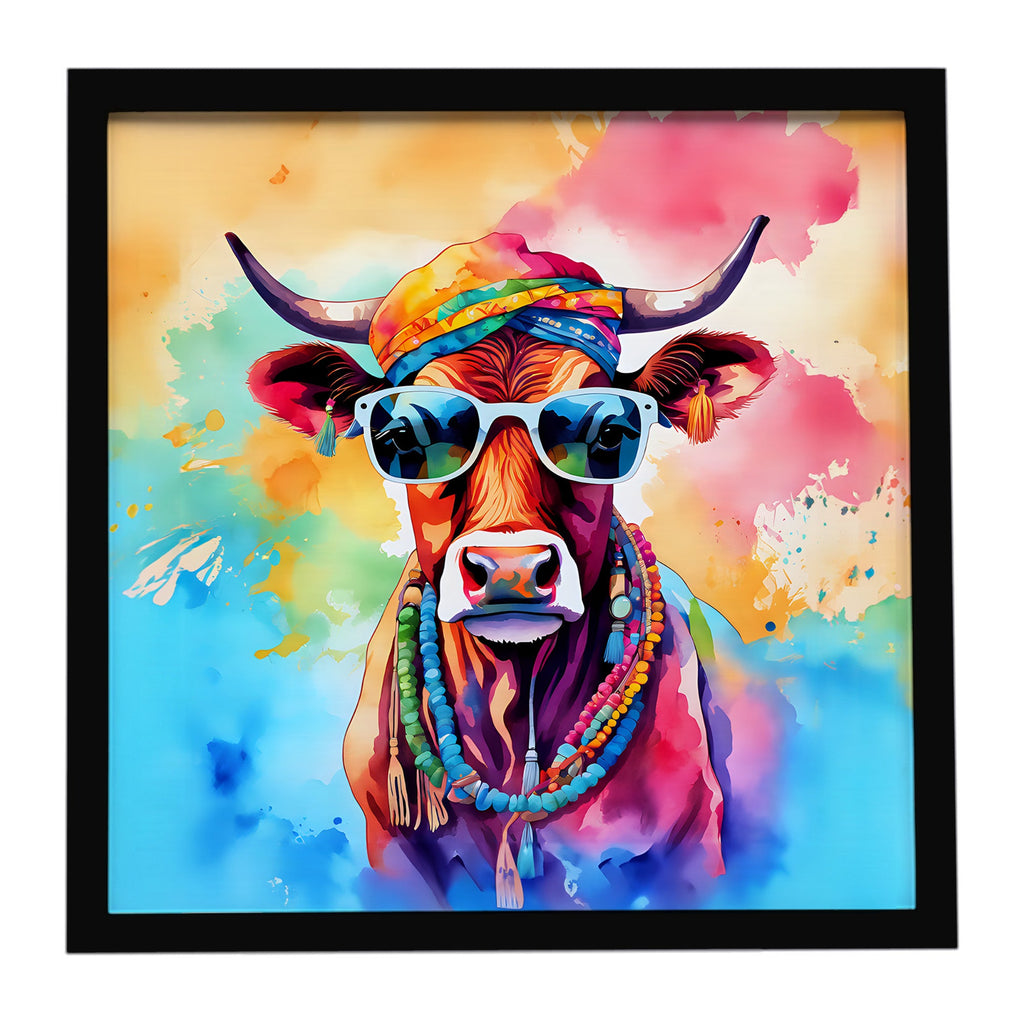 Hippie Animal Cow Framed Metal Print Bathroom, Kitchen, Office, Home Decor Wall Art Ready to Hang, Square, 8X8