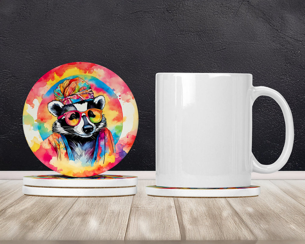 Hippie Animal Badger Large Sandstone Coasters Pack of 4 Absorbent Round Coasters Decor Gifts for Men or Women, 4 in, Multicolor