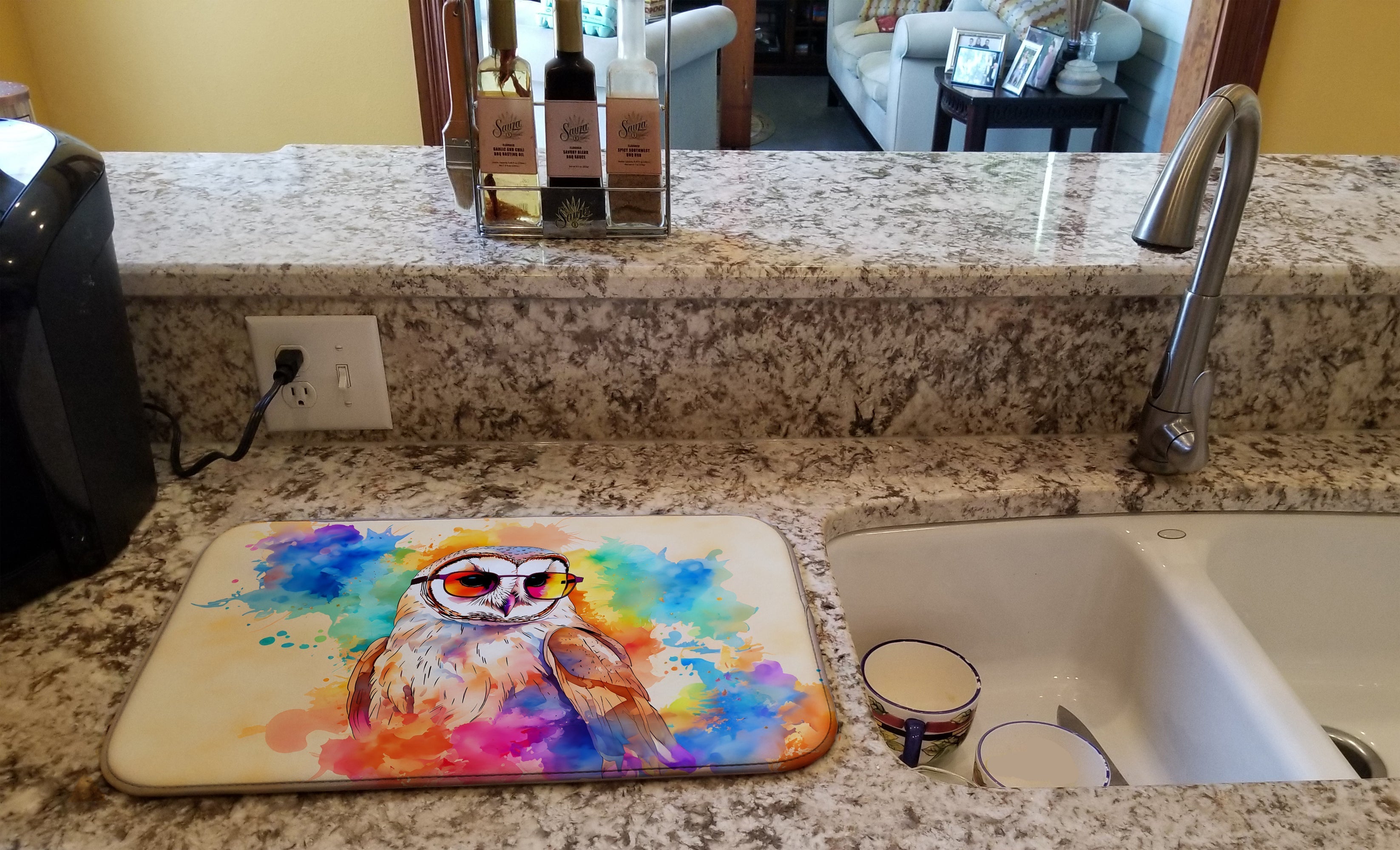 Hippie Animal Barn Owl Dish Drying Mat Absorbent Dish Drying Mat Pad for Kitchen Counter Dish Drainer Mat for Countertop, 14 x 21", Multicolor