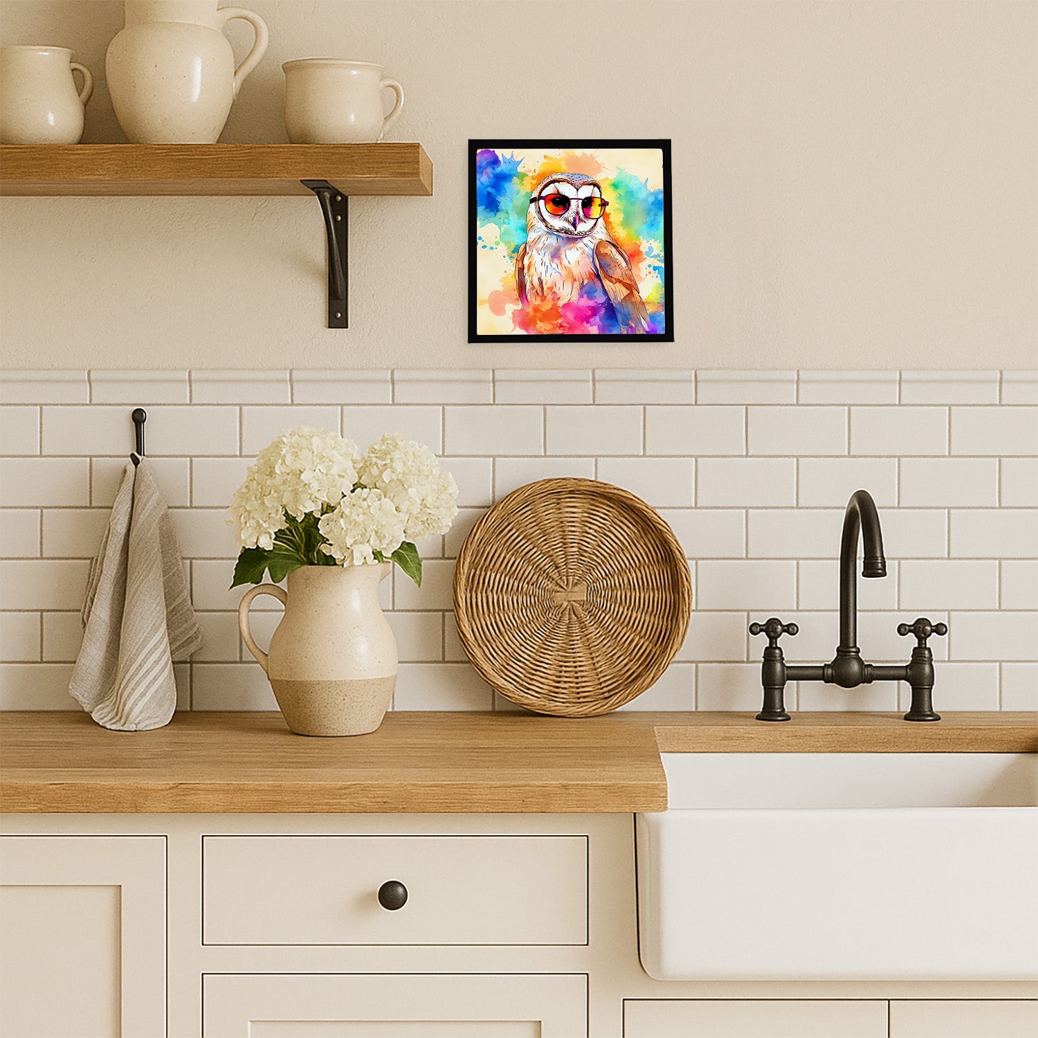 Hippie Animal Barn Owl Framed Metal Print Bathroom, Kitchen, Office, Home Decor Wall Art Ready to Hang, Square, 8X8