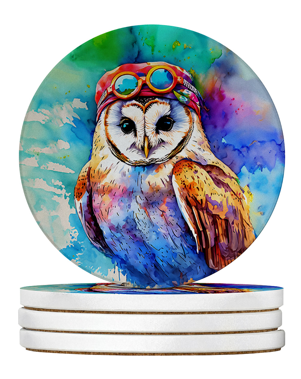 Hippie Animal Barn Owl Large Sandstone Coasters Pack of 4 Absorbent Round Coasters Decor Gifts for Men or Women, 4 in, Multicolor
